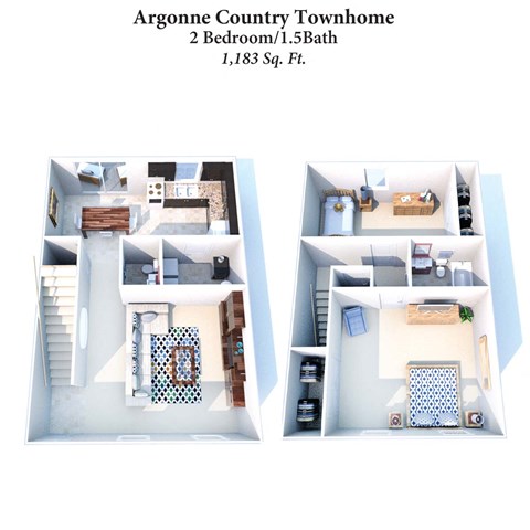 Floor plan for 2 beds, 1.5 baths, 1183 sqft